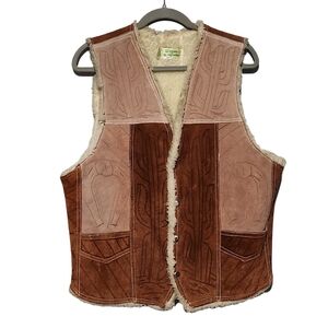 Vintage Suede Sherpa Vest Mens 44 Large Patchwork Rugged Tooled Horse Cactus